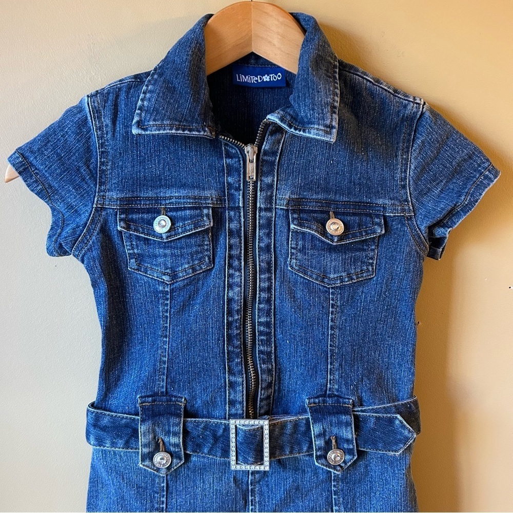 Limited Too Y2K Girls Denim Dress Short Sleeve Size 7 Zip Front Jean Belted - Picture 2 of 12
